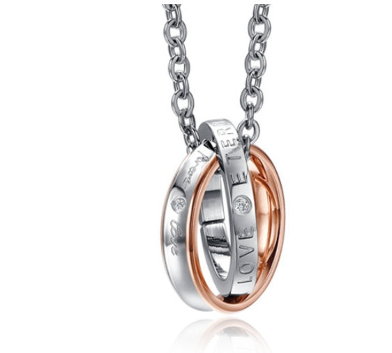 Double circle pendant men and women couple jewelry with titanium steel in black and rose gold colors.