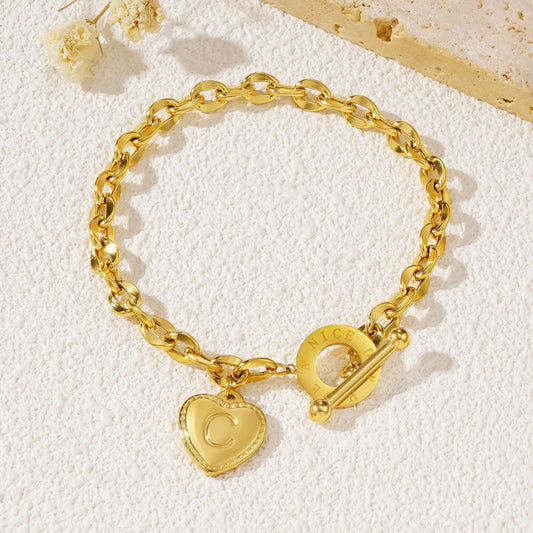 26-letter Gold Heart-clasp Titanium Bracelet