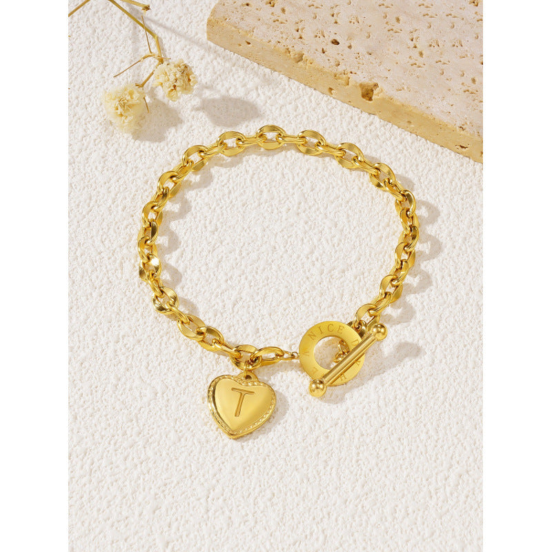 26-letter Gold Heart-clasp Titanium Bracelet