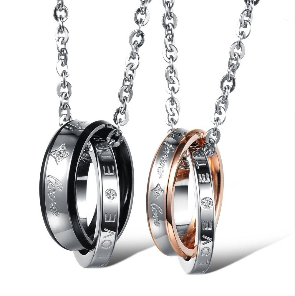 Double circle pendant men and women couple jewelry with titanium steel rings in black and silver colors