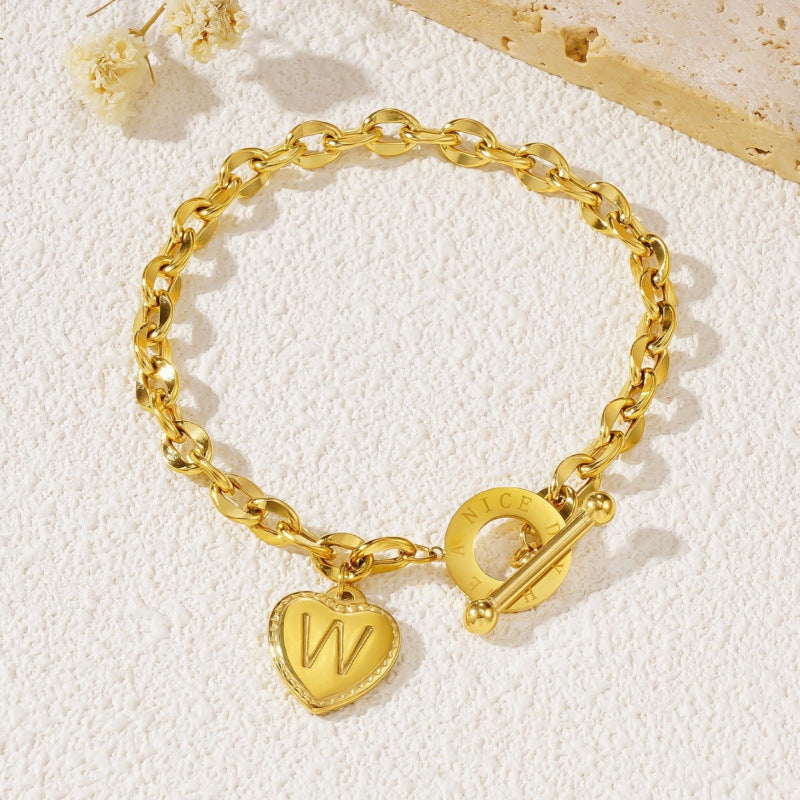 26-letter Gold Heart-clasp Titanium Bracelet