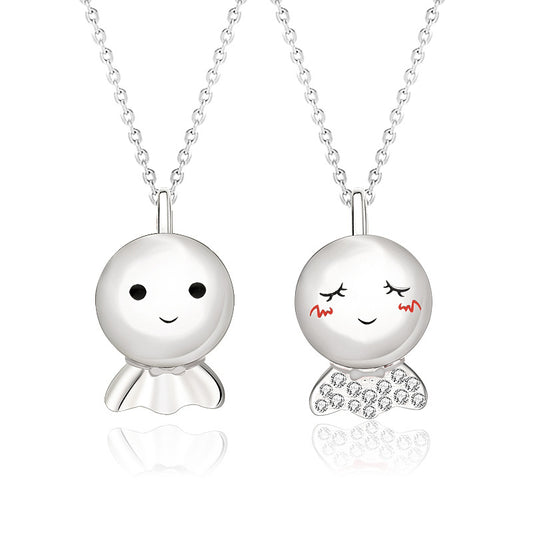 sterling silver couple necklace jewelry featuring Sunny Doll design with smiling pendants representing love and happiness.