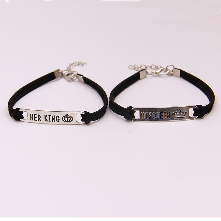 king and queen couple bracelet featuring engraved 'Her King' and 'His Queen' on stylish couple jewelry.