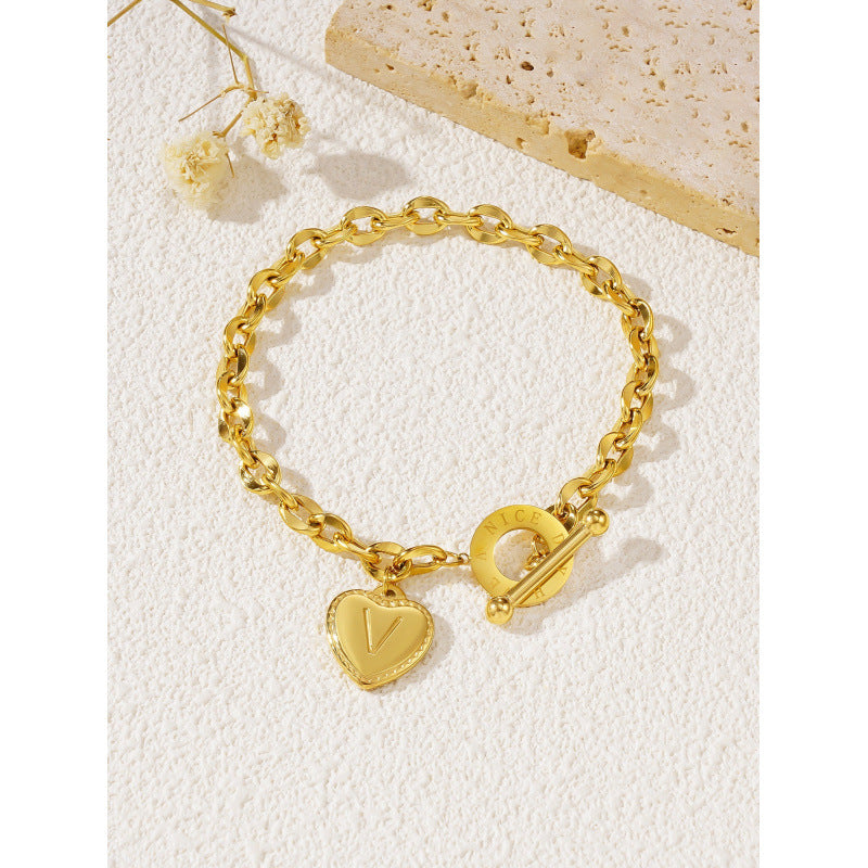 26-letter Gold Heart-clasp Titanium Bracelet