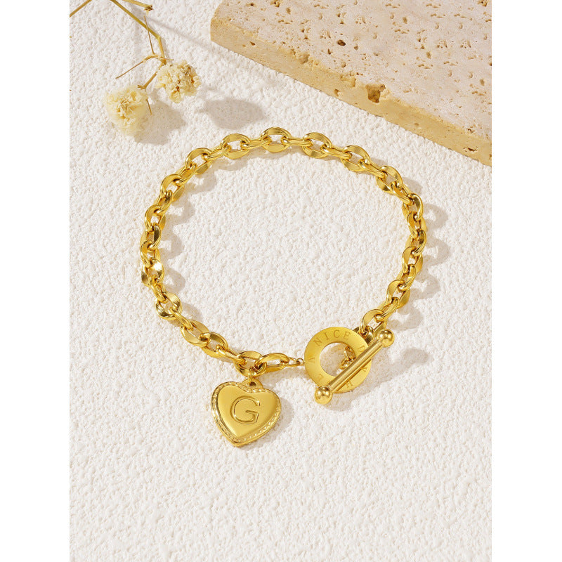 26-letter Gold Heart-clasp Titanium Bracelet