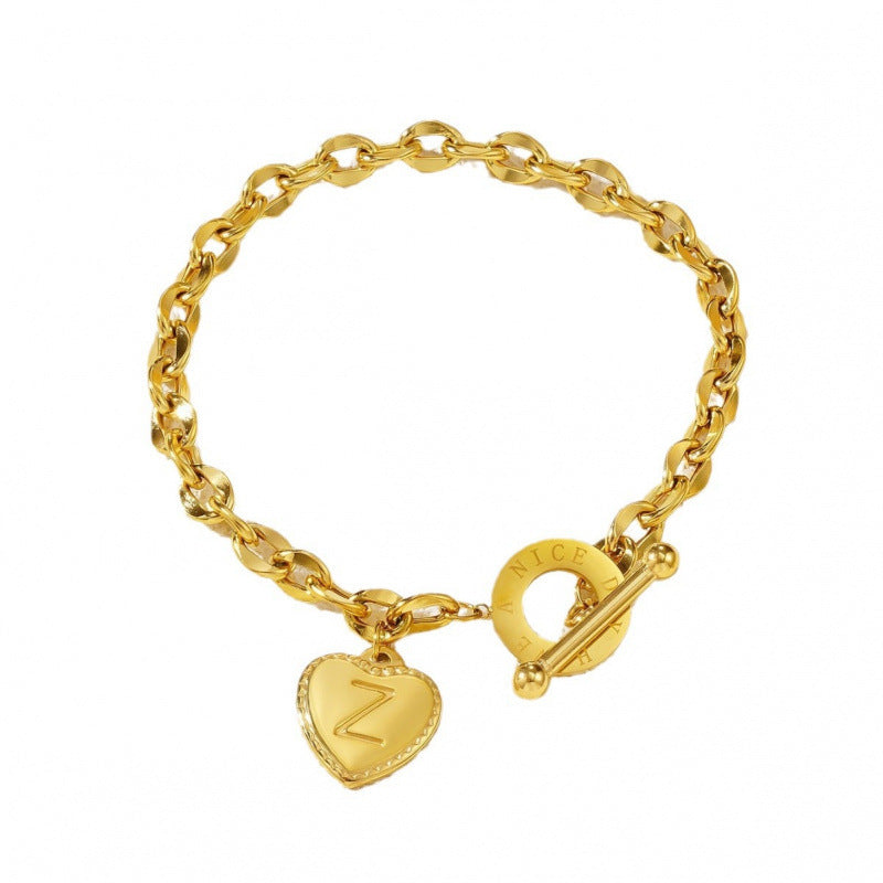 26-letter Gold Heart-clasp Titanium Bracelet