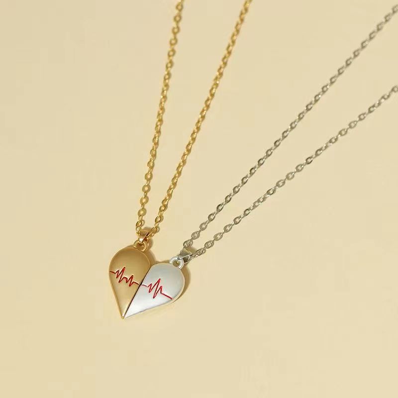 romantic couple necklace heartbeat magnetic heart design silver tone